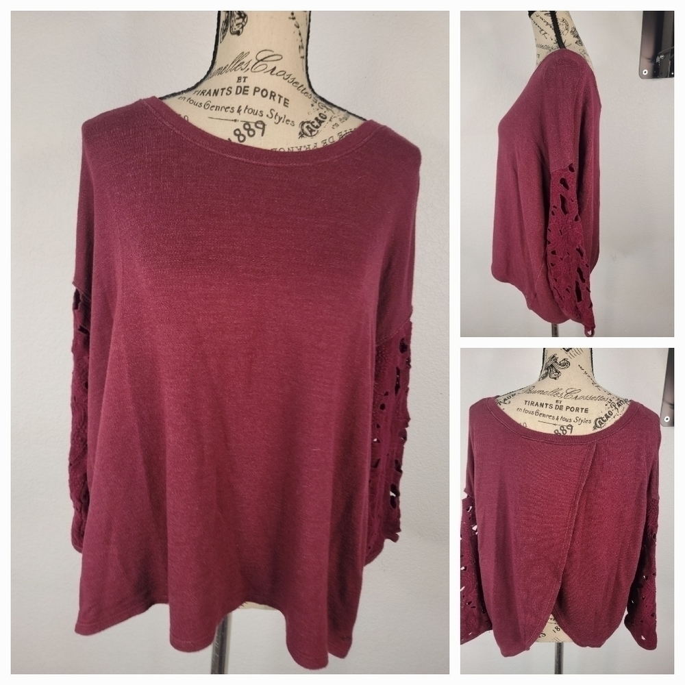 American Eagle Sz L Top Open Back Crochet Long Sleeve Burgundy
